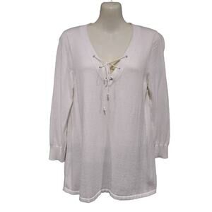 Repeat Lace Up Neck Long Sweater with 3/4 Sleeves, Cream, Size XS